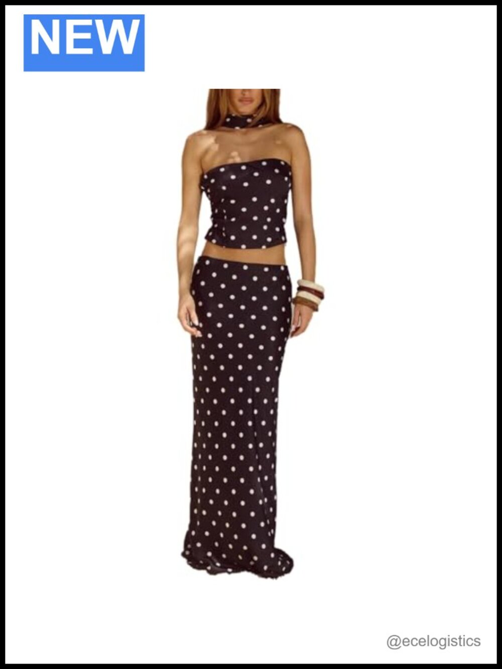 Women's Polka Dot 2 Piece Skirt Set Off-Shoulder Crop Top Maxi Skirt Vacation